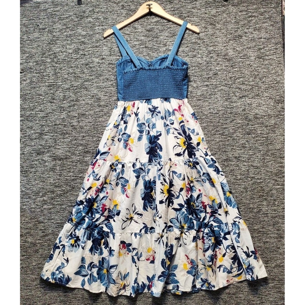 Band of the Free Midi Dress Women XS Ivory Blue Denim Floral Bustier Cottagecore - Picture 2 of 14